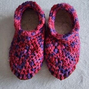 Wool‎ Crochet Slippers Leather Sole Womens Medium Sherpa Wool Lined Cosy Winter